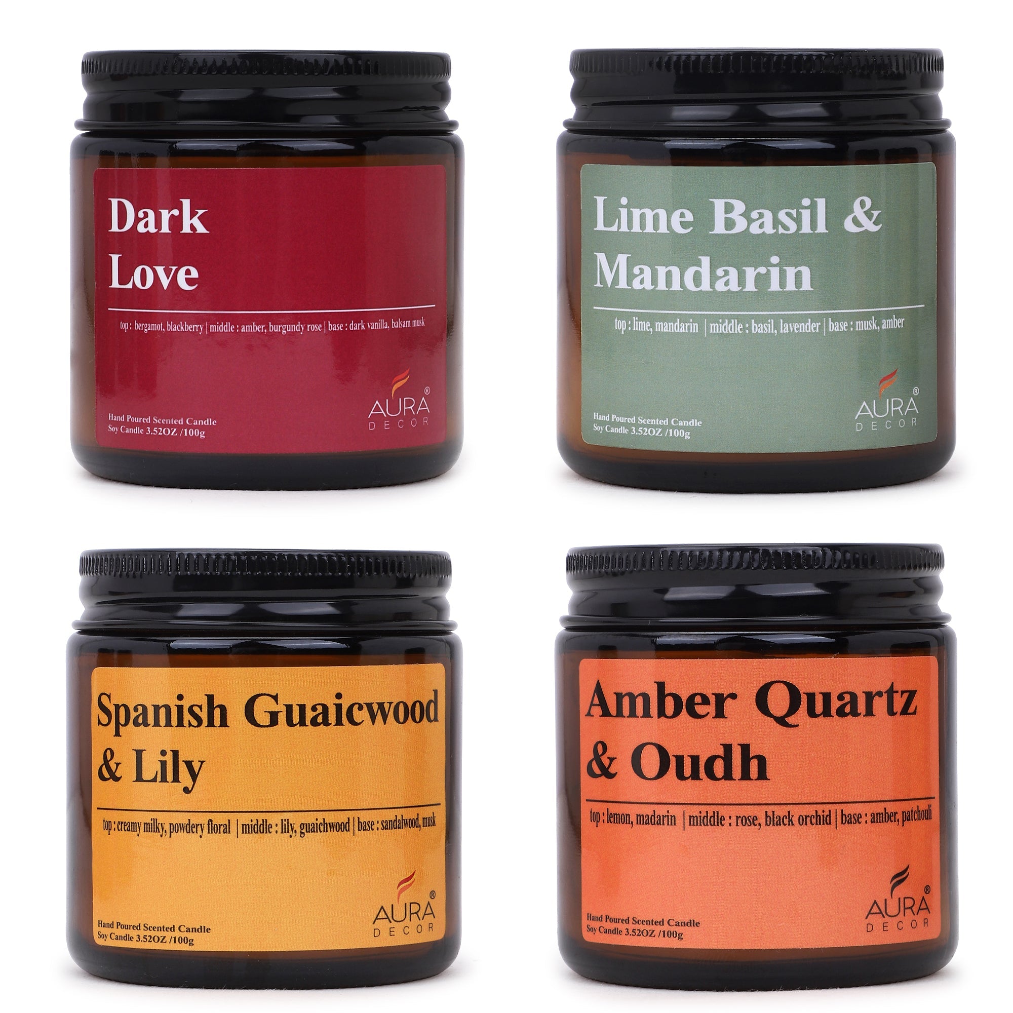 AuraDecor Premium Amber Jar Scented Candle Set of 4 Gift Set in 2 Variants