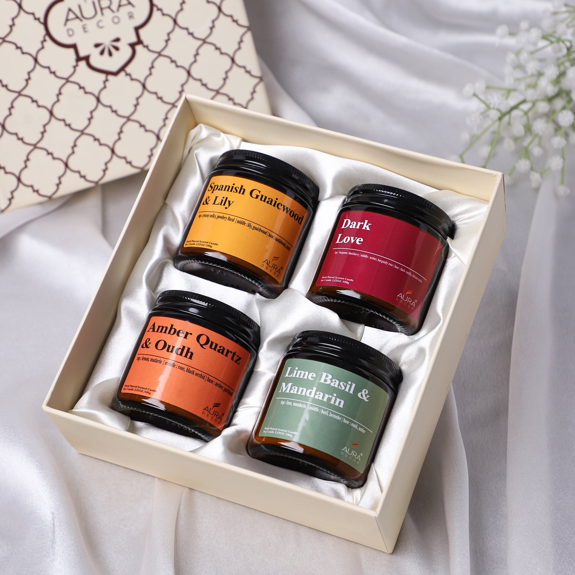 AuraDecor Premium Amber Jar Scented Candle Set of 4 Gift Set in 2 Variants